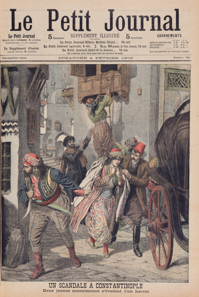 scandal in constantinople two young muslim ladies escaping from a harem illustration from le petit journal 4th february 1906 coloured engraving