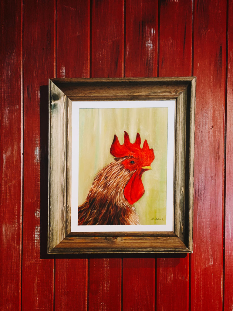 red and brown rooster painting