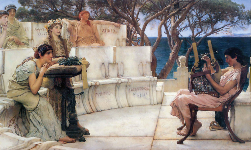 sappho ancient greek poet seen here at left in the painting sappho and alcaeus painted by lawrence alma tadema in 1881